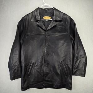 Pop's Leather Jacket Mens S Oversized Hip Length Car Coat Black Button 3/4